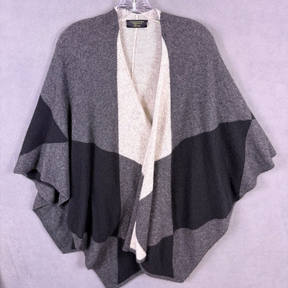Charter Club Cashmere Wrap Poncho Women OS Gray Colorblock Luxury Open Front